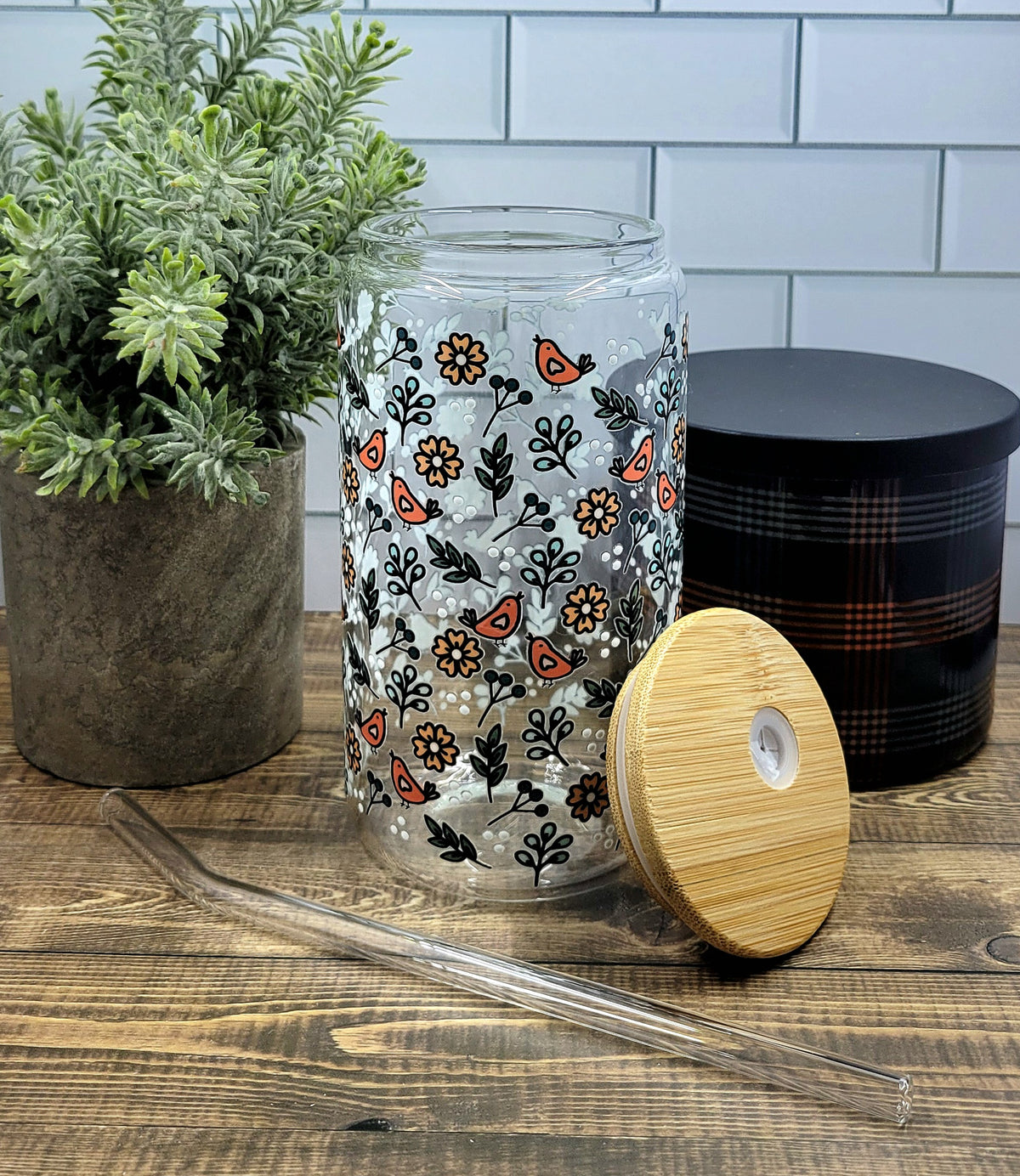 Birds and Flowers Glass Tumbler