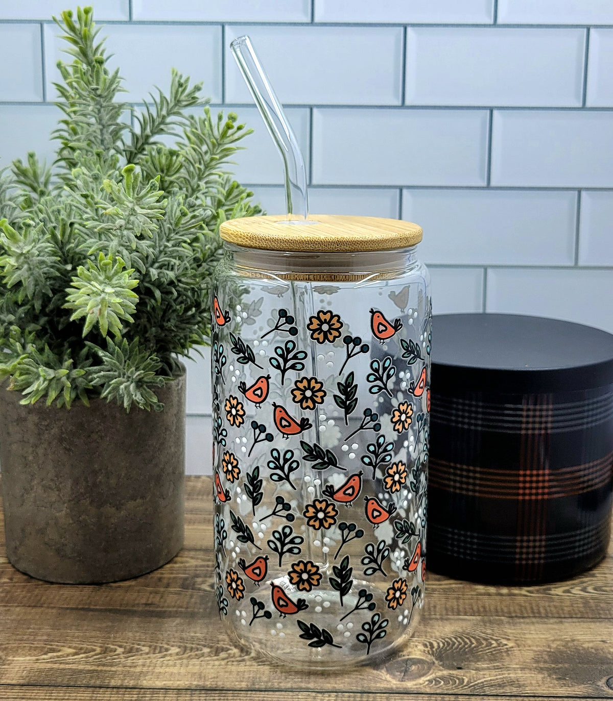 Birds and Flowers Glass Tumbler