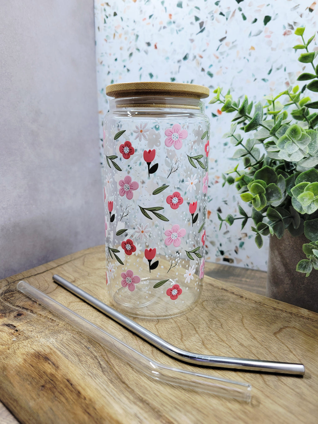 Pink Speckled Floral Glass Tumbler