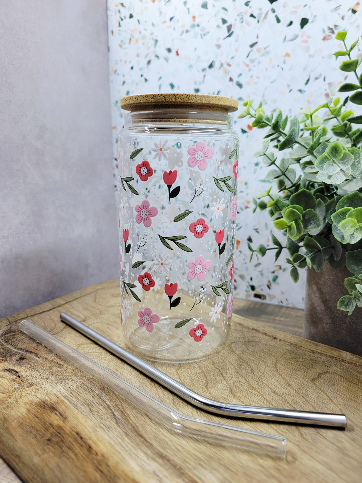 Pink Speckled Floral Glass Tumbler