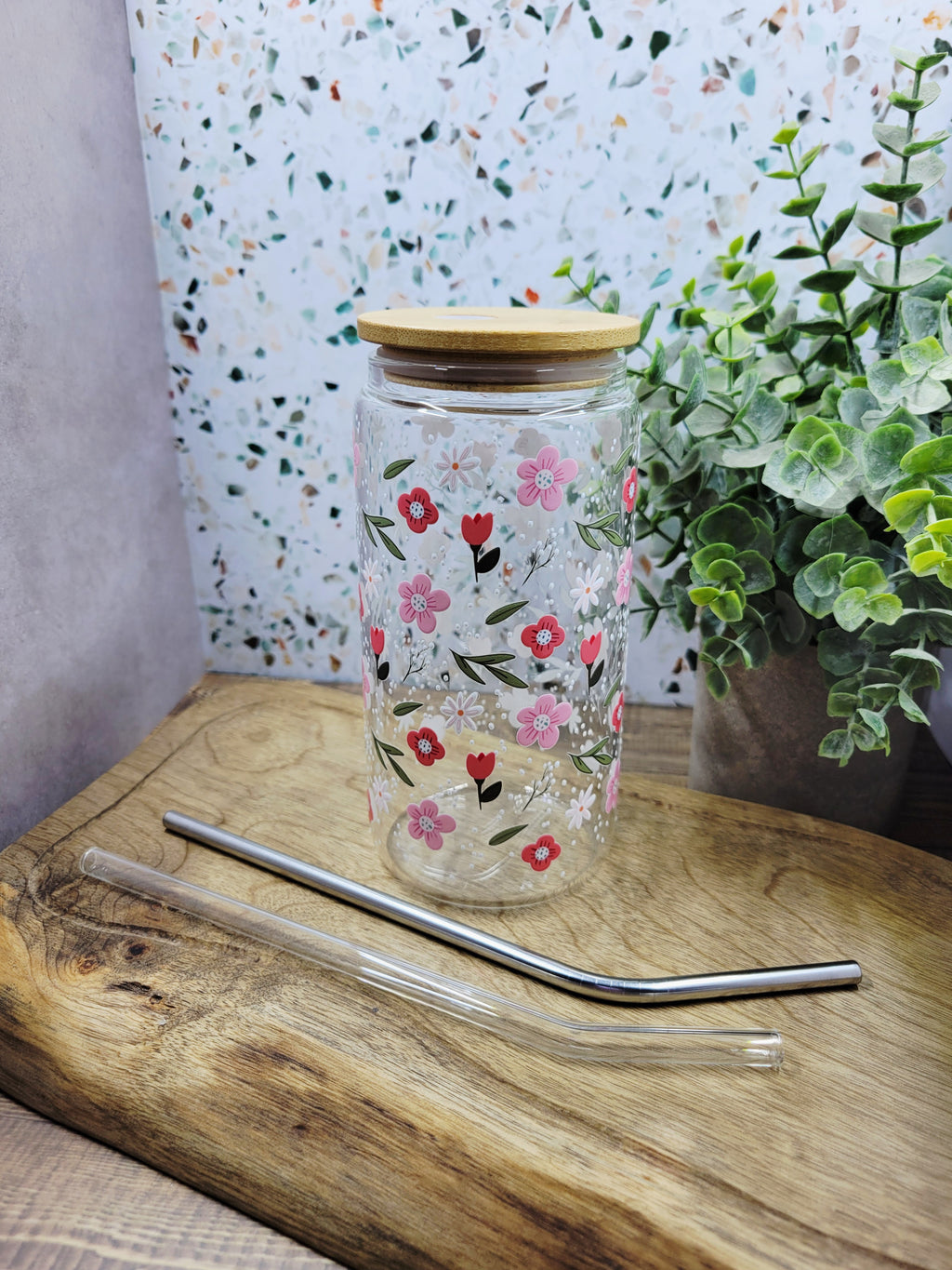 Pink Speckled Floral Glass Tumbler
