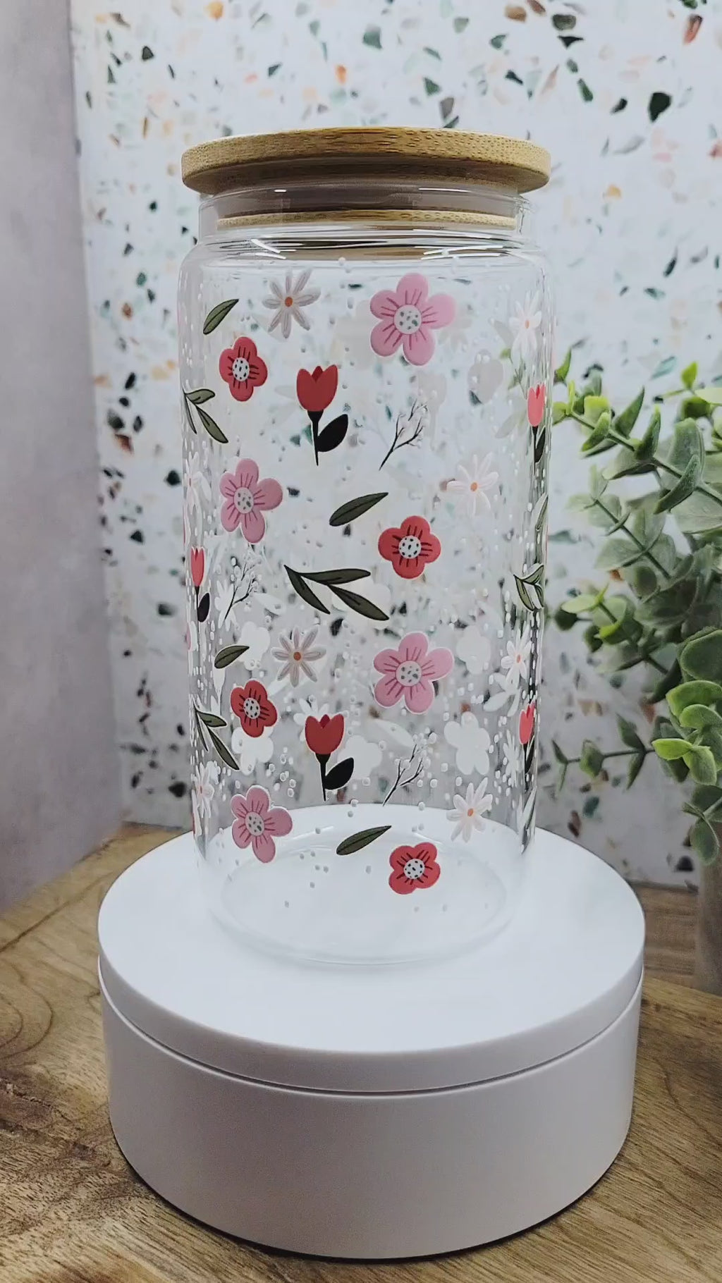 Pink Speckled Floral Glass Tumbler